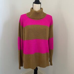 Oversized Knit Turtleneck Sweater size Large Pink Brown Striped Preppy Casual